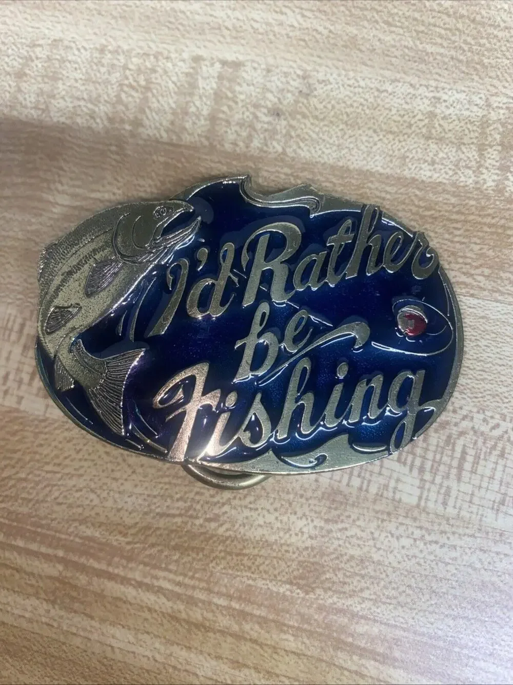 VIntage 1985 I‘d Rather Be Fishing Brass Belt Buckle #523 Made In USA